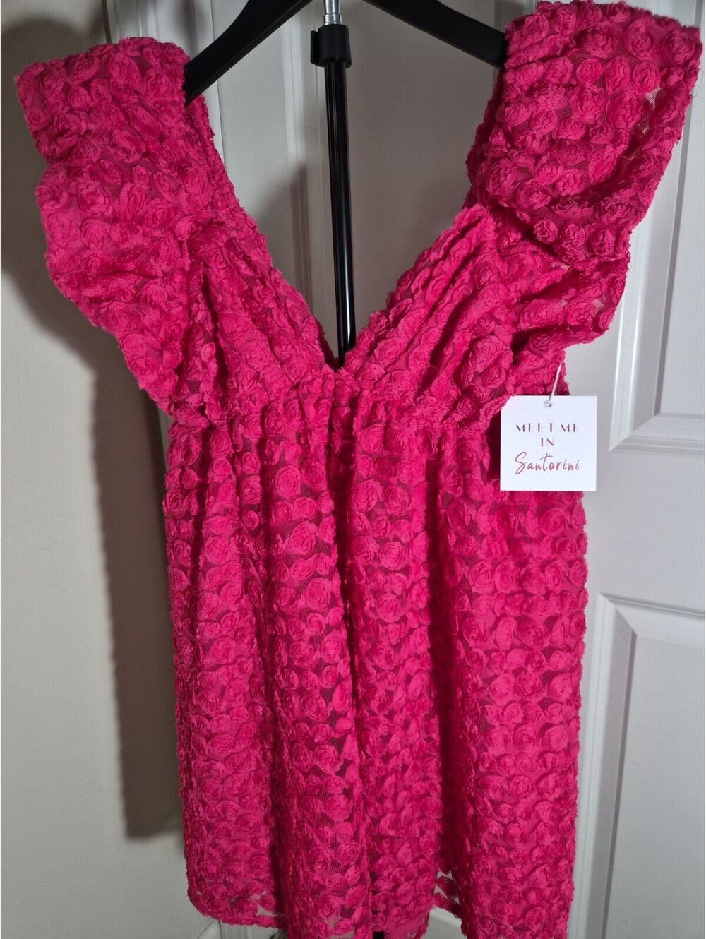Meet me in Santorini Rosebud Babydoll Mini Dress Ruffle Cap Sleeve Tie Back Sz L